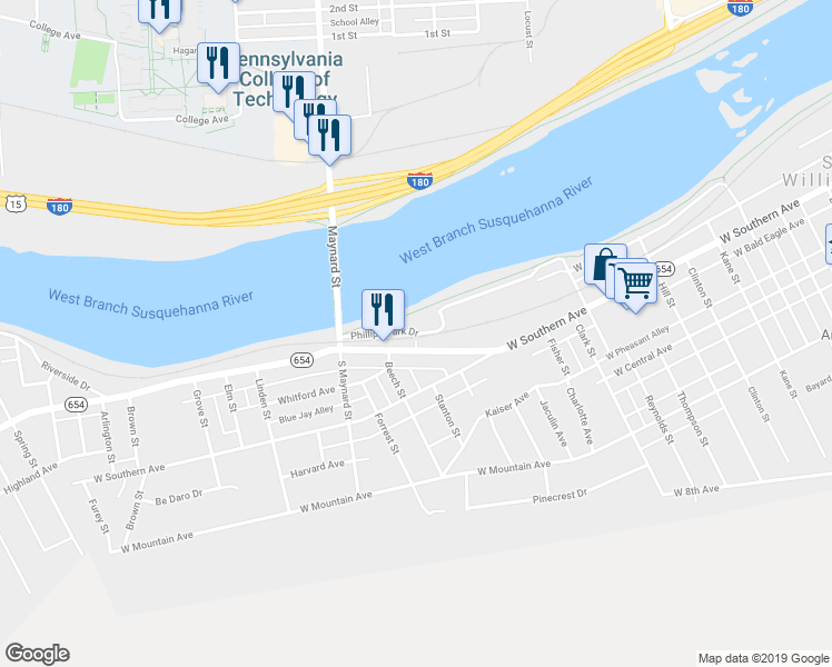 map of restaurants, bars, coffee shops, grocery stores, and more near 155 Phillips Park Drive in South Williamsport