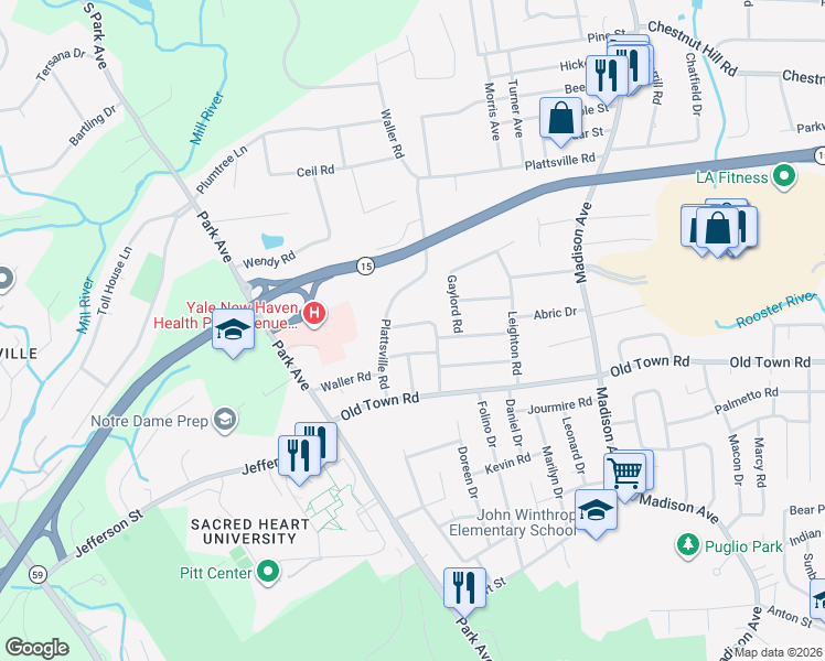 map of restaurants, bars, coffee shops, grocery stores, and more near 121 Campbell Road in Trumbull