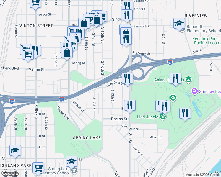 map of restaurants, bars, coffee shops, grocery stores, and more near 3409 South 15th Street in Omaha