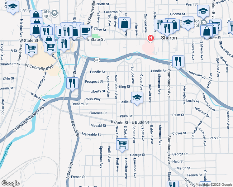 map of restaurants, bars, coffee shops, grocery stores, and more near 395 New Castle Ave in Sharon