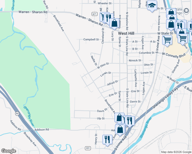 map of restaurants, bars, coffee shops, grocery stores, and more near 8135 Lorain Street in Masury