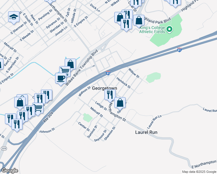 map of restaurants, bars, coffee shops, grocery stores, and more near 29 North Walnut Street in Wilkes-Barre