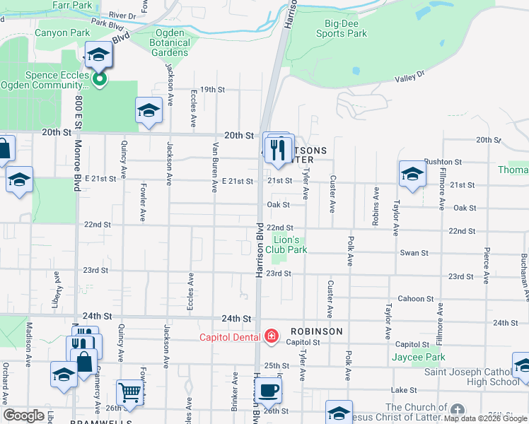 map of restaurants, bars, coffee shops, grocery stores, and more near 2158 South Harrison Boulevard in Ogden