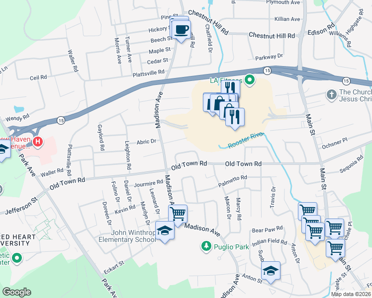 map of restaurants, bars, coffee shops, grocery stores, and more near 82 Loftus Circle in Bridgeport