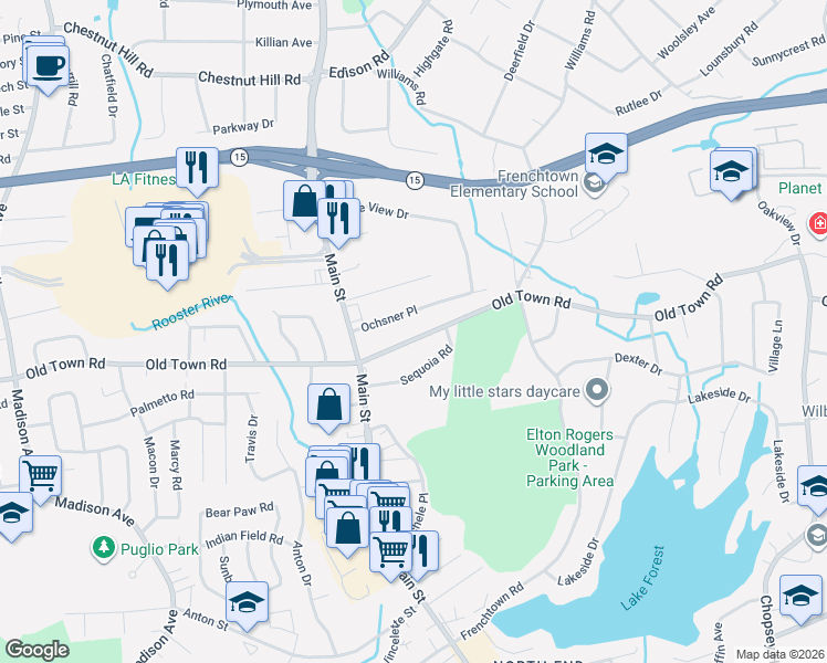 map of restaurants, bars, coffee shops, grocery stores, and more near 2490 Old Town Road in Bridgeport