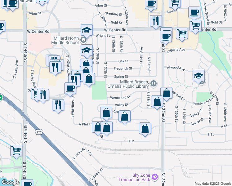 map of restaurants, bars, coffee shops, grocery stores, and more near 13621 Hascall Street in Omaha