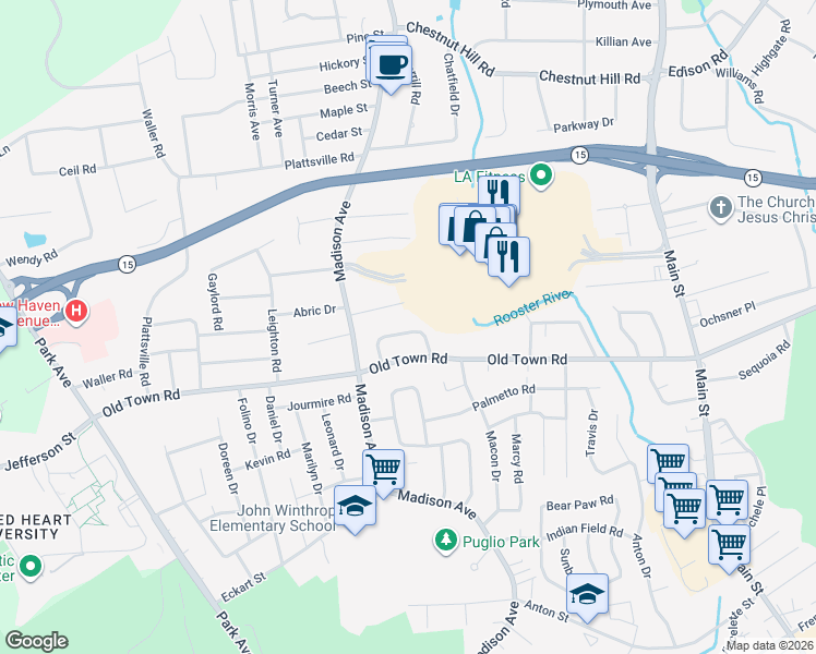 map of restaurants, bars, coffee shops, grocery stores, and more near 82 Loftus Circle in Bridgeport