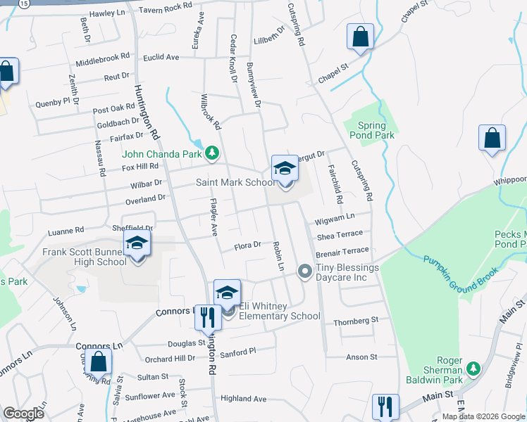 map of restaurants, bars, coffee shops, grocery stores, and more near 435 Wigwam Lane in Stratford