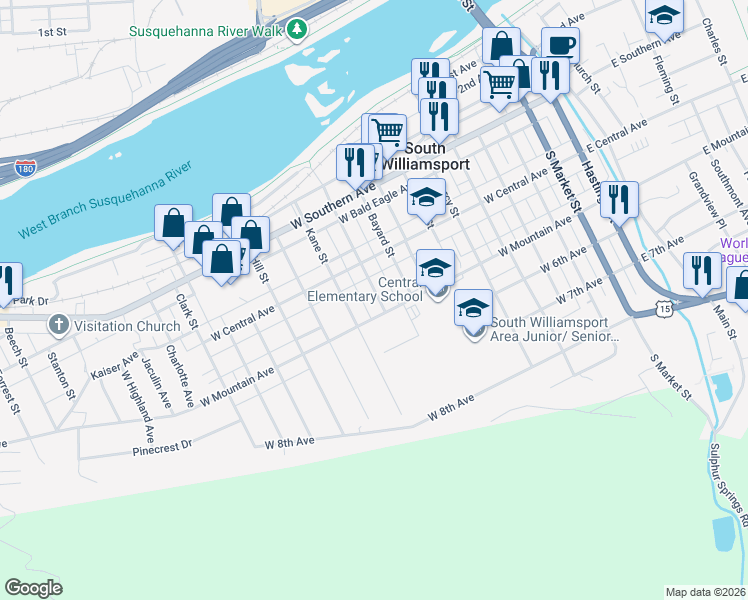 map of restaurants, bars, coffee shops, grocery stores, and more near 405-499 Winthrop Street in South Williamsport