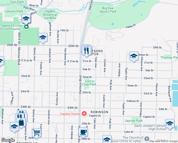 map of restaurants, bars, coffee shops, grocery stores, and more near 1249 Oak St in Ogden