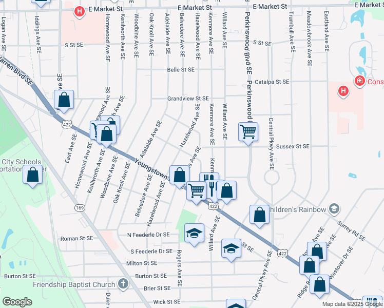 map of restaurants, bars, coffee shops, grocery stores, and more near 1036 Francis Avenue Southeast in Warren