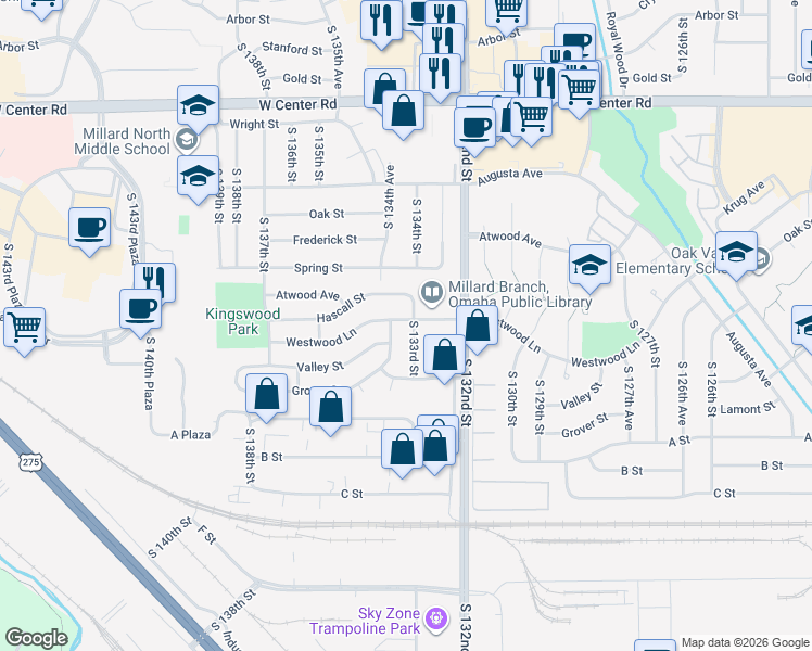 map of restaurants, bars, coffee shops, grocery stores, and more near 3356 South 133rd Street in Omaha
