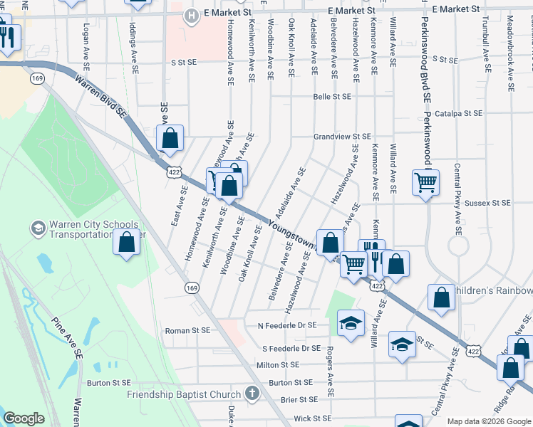 map of restaurants, bars, coffee shops, grocery stores, and more near 1861 Youngstown Road Southeast in Warren