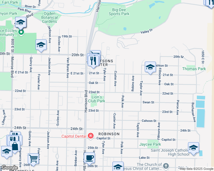 map of restaurants, bars, coffee shops, grocery stores, and more near 2152 Tyler Avenue in Ogden