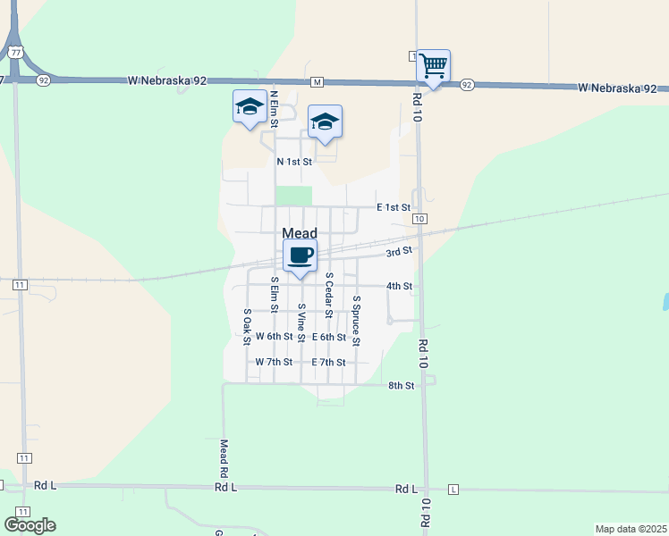 map of restaurants, bars, coffee shops, grocery stores, and more near 306 South Cedar Street in Mead