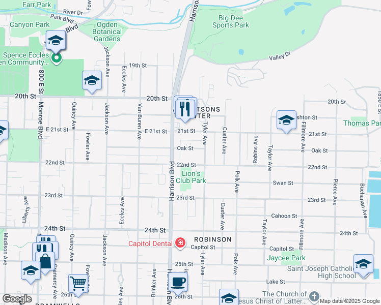 map of restaurants, bars, coffee shops, grocery stores, and more near 1249 Oak Street in Ogden