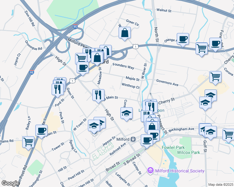 map of restaurants, bars, coffee shops, grocery stores, and more near 100 West Main Street in Milford