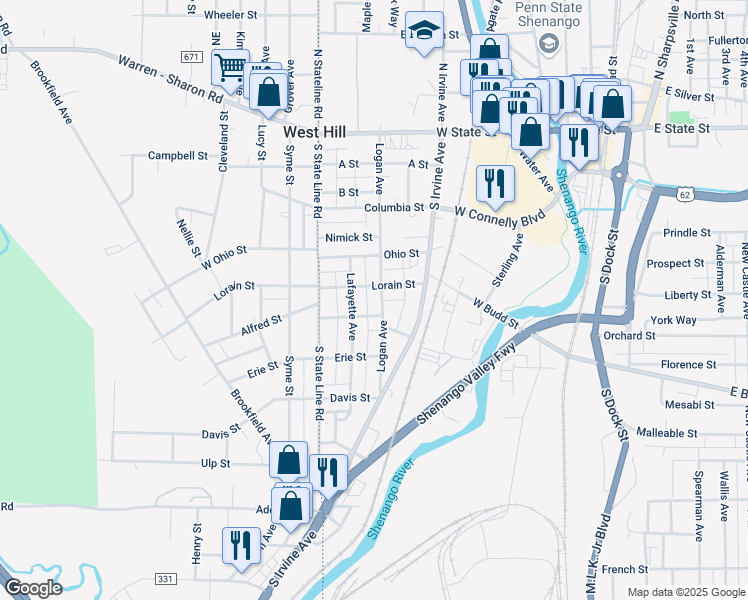map of restaurants, bars, coffee shops, grocery stores, and more near 445 Lorain Street in Sharon