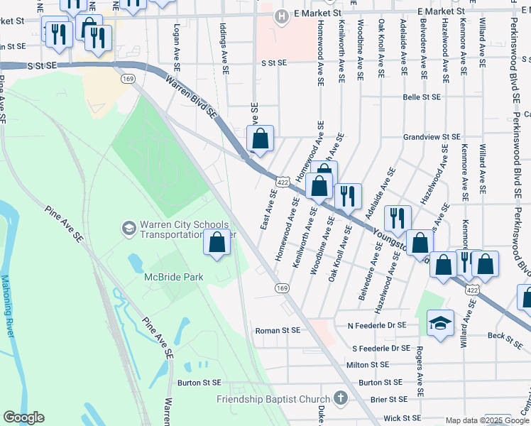 map of restaurants, bars, coffee shops, grocery stores, and more near 998 East Avenue Southeast in Warren