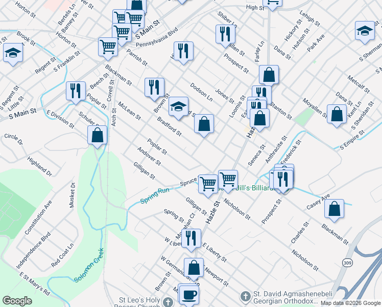 map of restaurants, bars, coffee shops, grocery stores, and more near 25 Mayer Street in Wilkes-Barre
