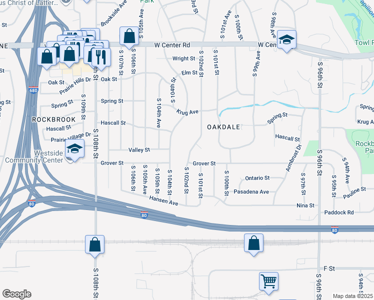 map of restaurants, bars, coffee shops, grocery stores, and more near 3512 South 102nd Street in Omaha