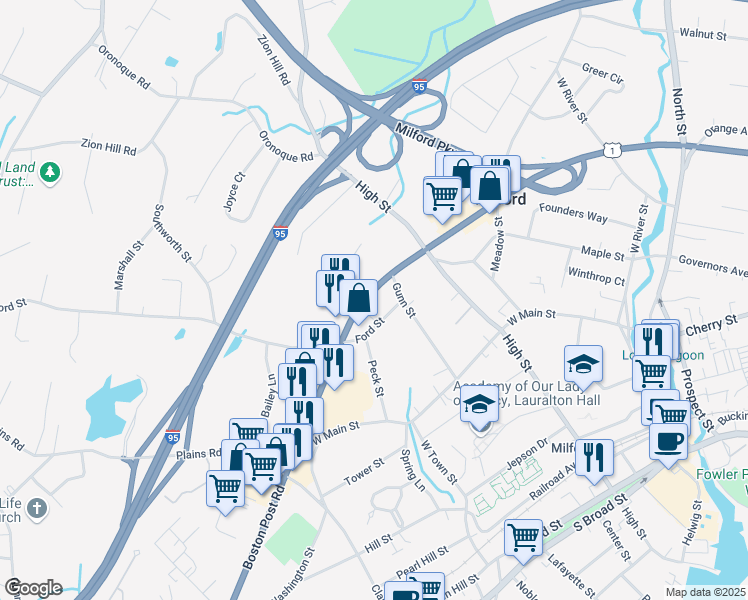 map of restaurants, bars, coffee shops, grocery stores, and more near 435 Boston Post Road in Milford