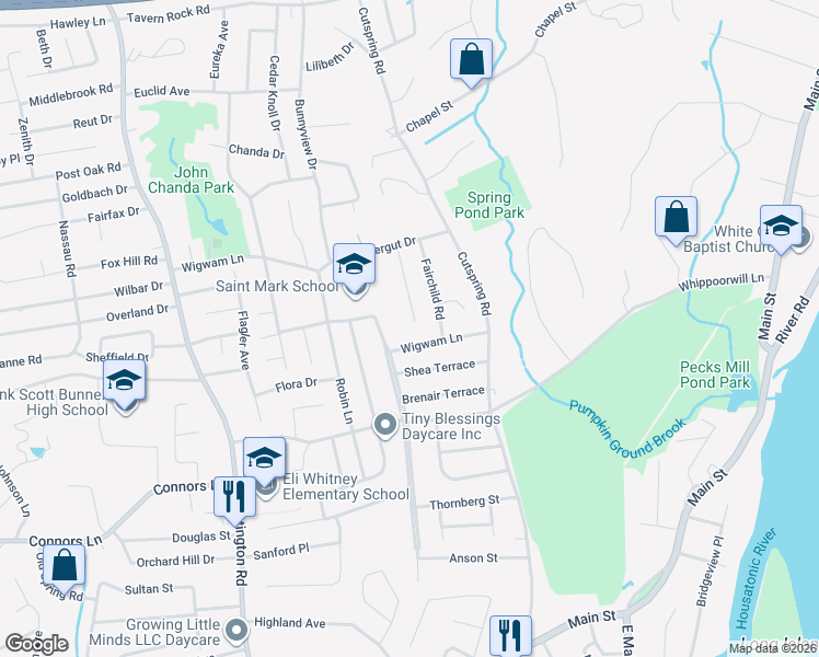 map of restaurants, bars, coffee shops, grocery stores, and more near 165 Valley View Road in Stratford