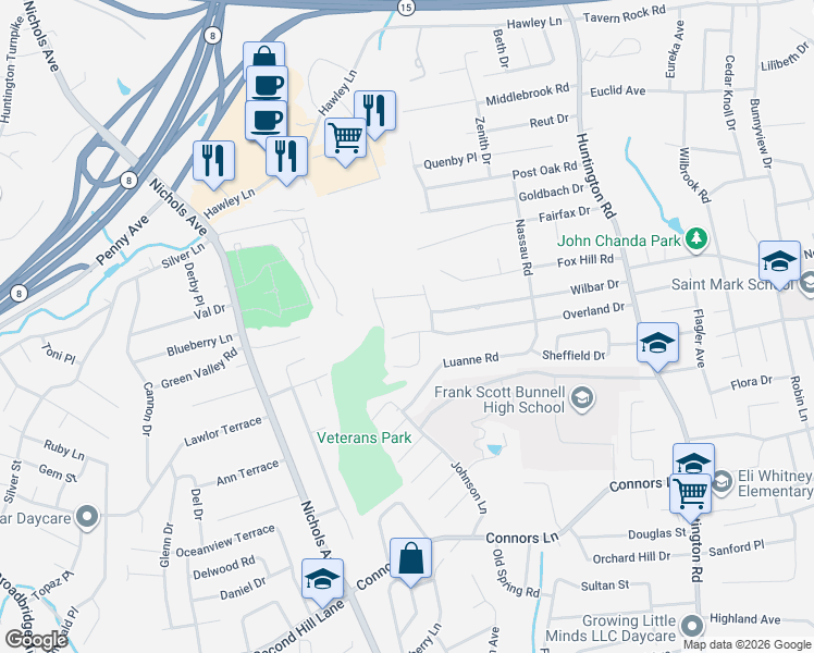 map of restaurants, bars, coffee shops, grocery stores, and more near 480 Overland Drive in Stratford