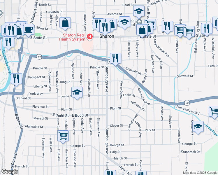 map of restaurants, bars, coffee shops, grocery stores, and more near 395 Stambaugh Avenue in Sharon