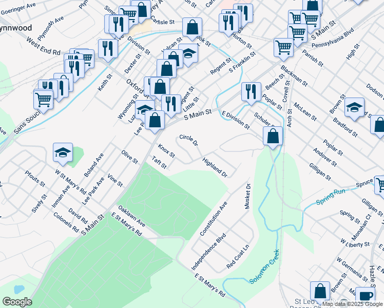 map of restaurants, bars, coffee shops, grocery stores, and more near 3 Circle Drive in Warrior Run