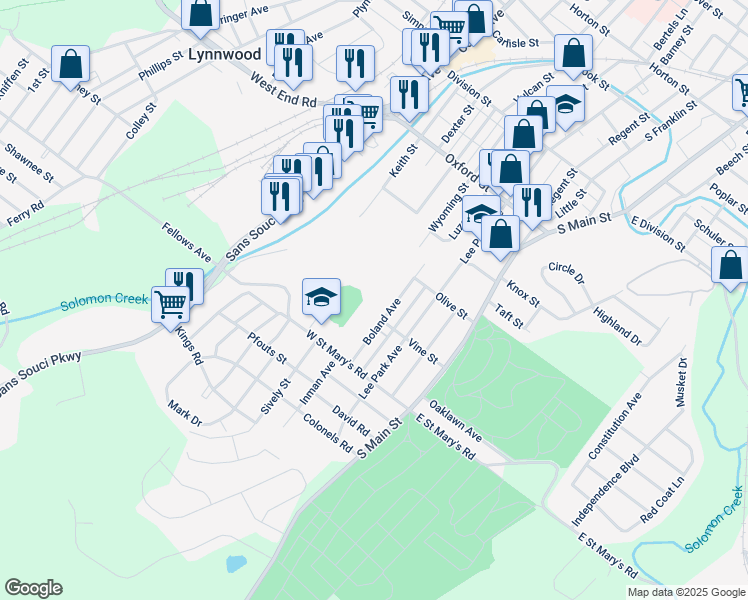 map of restaurants, bars, coffee shops, grocery stores, and more near 202 Boland Avenue in Wilkes-Barre