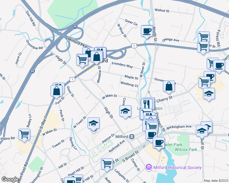 map of restaurants, bars, coffee shops, grocery stores, and more near 100 West Main Street in Milford