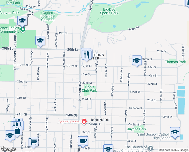 map of restaurants, bars, coffee shops, grocery stores, and more near 2155 Tyler Avenue in Ogden