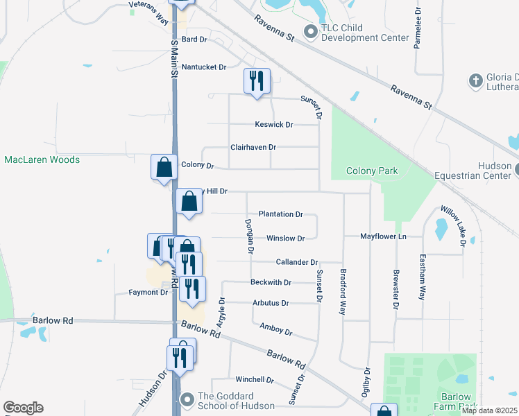 map of restaurants, bars, coffee shops, grocery stores, and more near 1501 Plantation Drive in Hudson