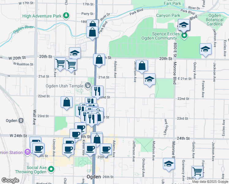 map of restaurants, bars, coffee shops, grocery stores, and more near 2166 Oak Street in Ogden