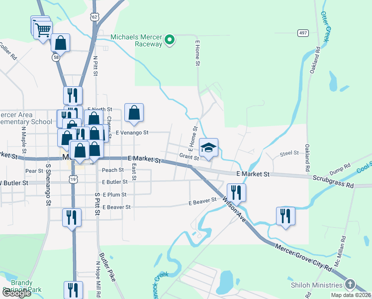 map of restaurants, bars, coffee shops, grocery stores, and more near 409-499 Sheriff Street in Mercer