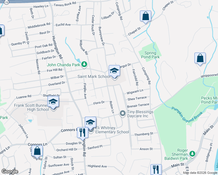 map of restaurants, bars, coffee shops, grocery stores, and more near 435 Wigwam Lane in Stratford