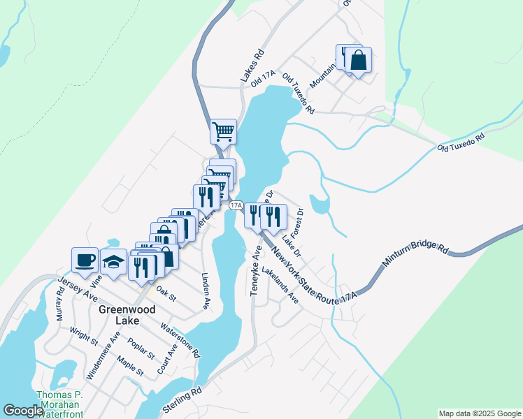 map of restaurants, bars, coffee shops, grocery stores, and more near 7 Shore Drive in Greenwood Lake