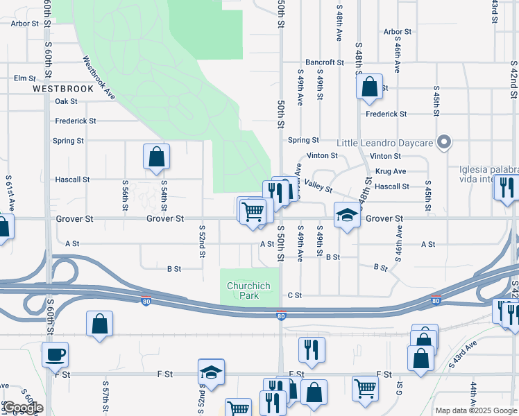 map of restaurants, bars, coffee shops, grocery stores, and more near 5050 Grover Street in Omaha