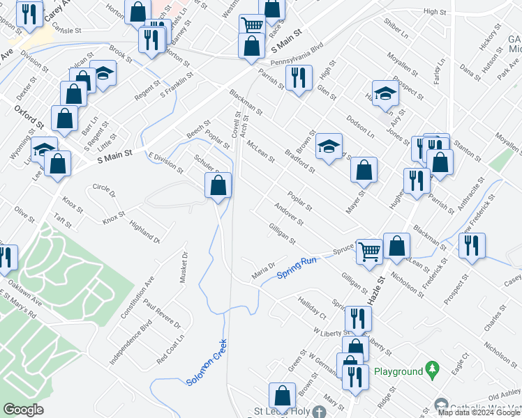 map of restaurants, bars, coffee shops, grocery stores, and more near 296 Brown Street in Wilkes-Barre