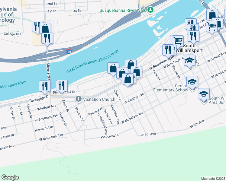 map of restaurants, bars, coffee shops, grocery stores, and more near 306 Clark Street in South Williamsport