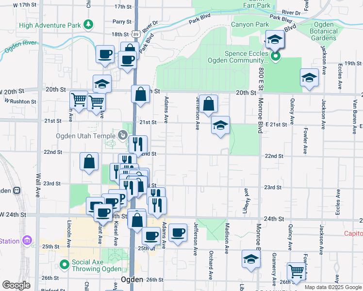 map of restaurants, bars, coffee shops, grocery stores, and more near 2145 Porter Avenue in Ogden