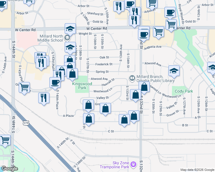 map of restaurants, bars, coffee shops, grocery stores, and more near 13517 Hascall Street in Omaha