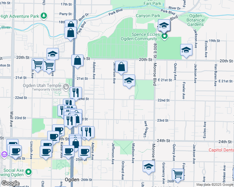map of restaurants, bars, coffee shops, grocery stores, and more near 2164 Jefferson Avenue in Ogden