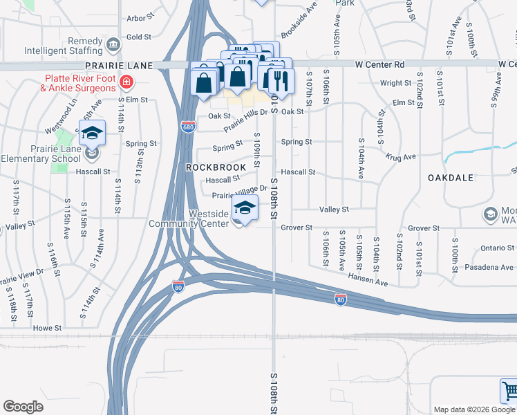 map of restaurants, bars, coffee shops, grocery stores, and more near 10825 Valley Street in Omaha