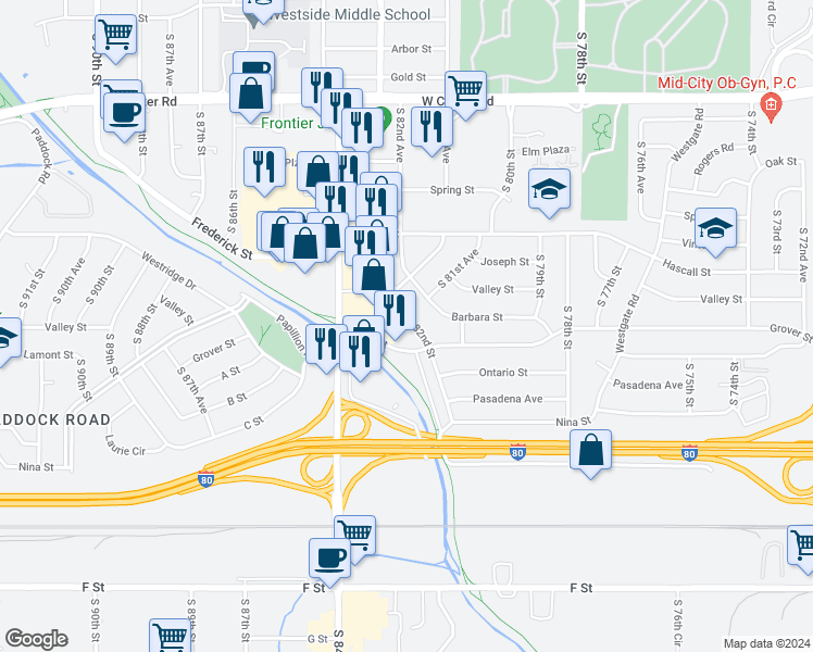 map of restaurants, bars, coffee shops, grocery stores, and more near 3480 South 82nd Street in Omaha