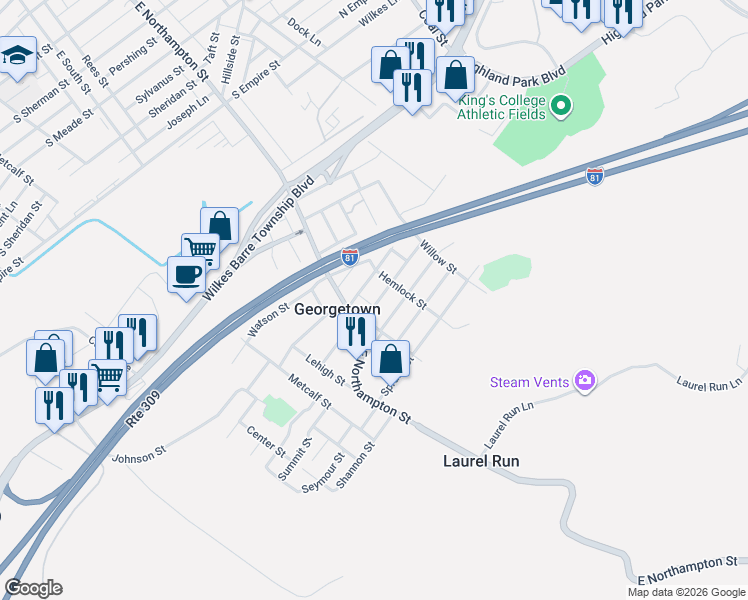 map of restaurants, bars, coffee shops, grocery stores, and more near 50 Marcy Street in Georgetown
