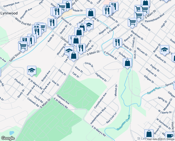 map of restaurants, bars, coffee shops, grocery stores, and more near 3 Circle Drive in Warrior Run