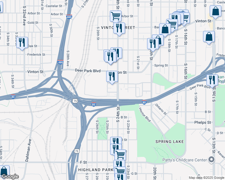 map of restaurants, bars, coffee shops, grocery stores, and more near 3328 South 24th Street in Omaha