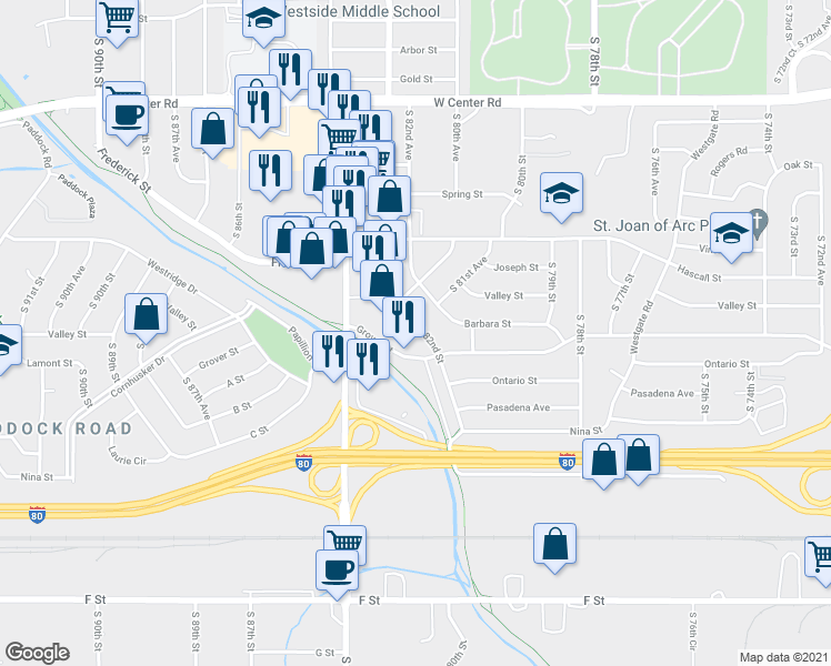 map of restaurants, bars, coffee shops, grocery stores, and more near 3480 South 82nd Street in Omaha